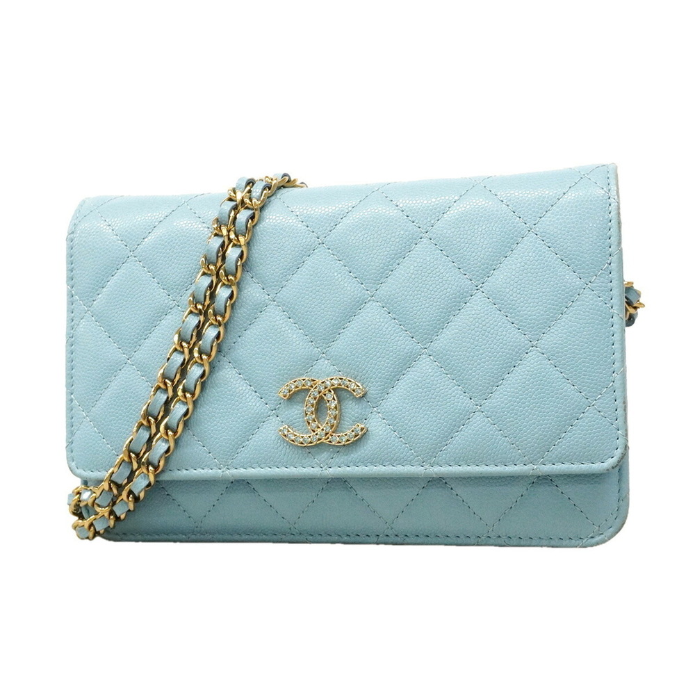 Chanel Matelassé Chain Shoulder Wallet, Caviar Leather, Light Blue, Women's